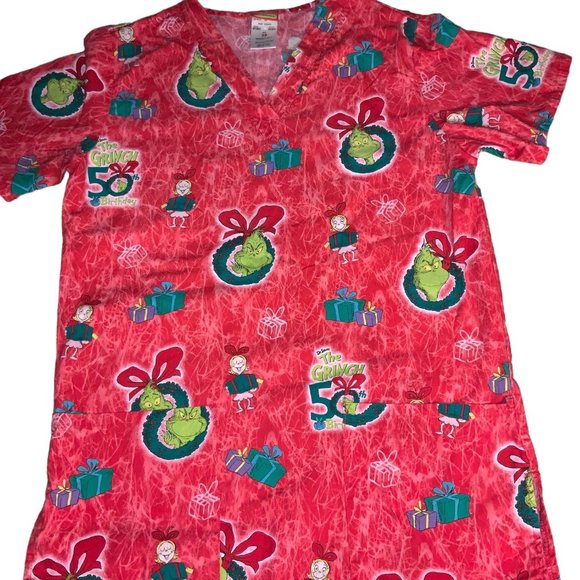 Dr Seuss Grinch 50th Birthday Nurse Scrub Christmas Medical Top Size XS - Picture 3 of 10